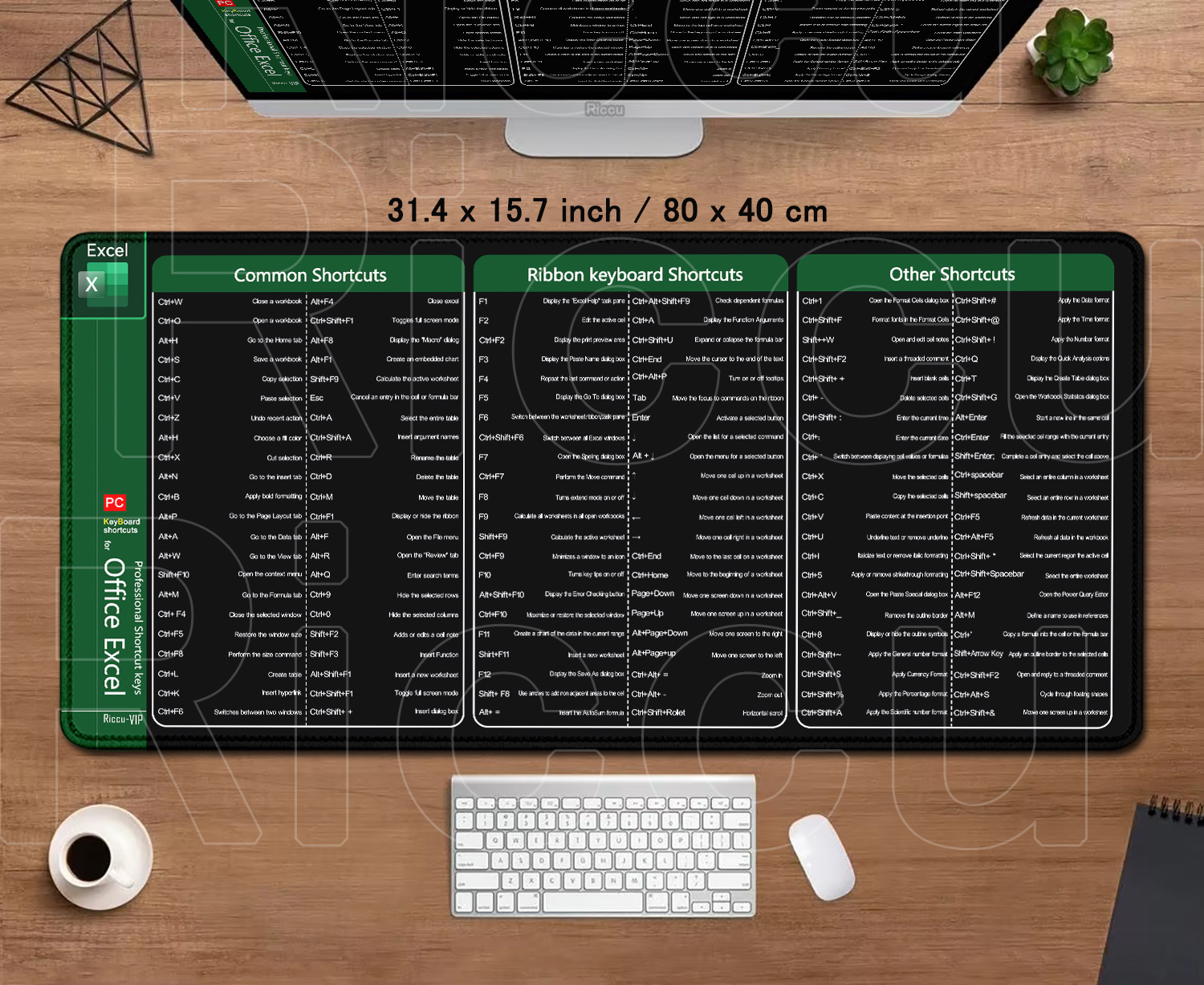 Große erweiterte Bürocomputer-HD-Schreibtischunterlage Riccu Excel Shortcuts Mauspad Xxl-Tastatur-Mauspad mit rutschfester Basis mit genähtem Rand: XS / Dark Grau