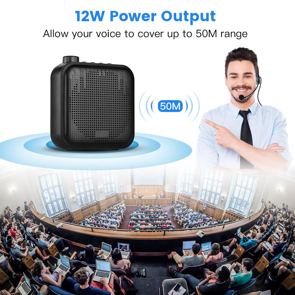 mini amplificatore vocale portatile da 12W per tour di classe degli insegnanti con cuffia per microfono e riproduzione di musica amplificante del suono in vita
