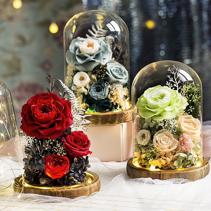 Warme Romantische Ewige Blume Handgemachte Konservierte Echt Rose Glas Abdeckung Unsterblich Blumen Valentines Schild Hochzeit Liefert