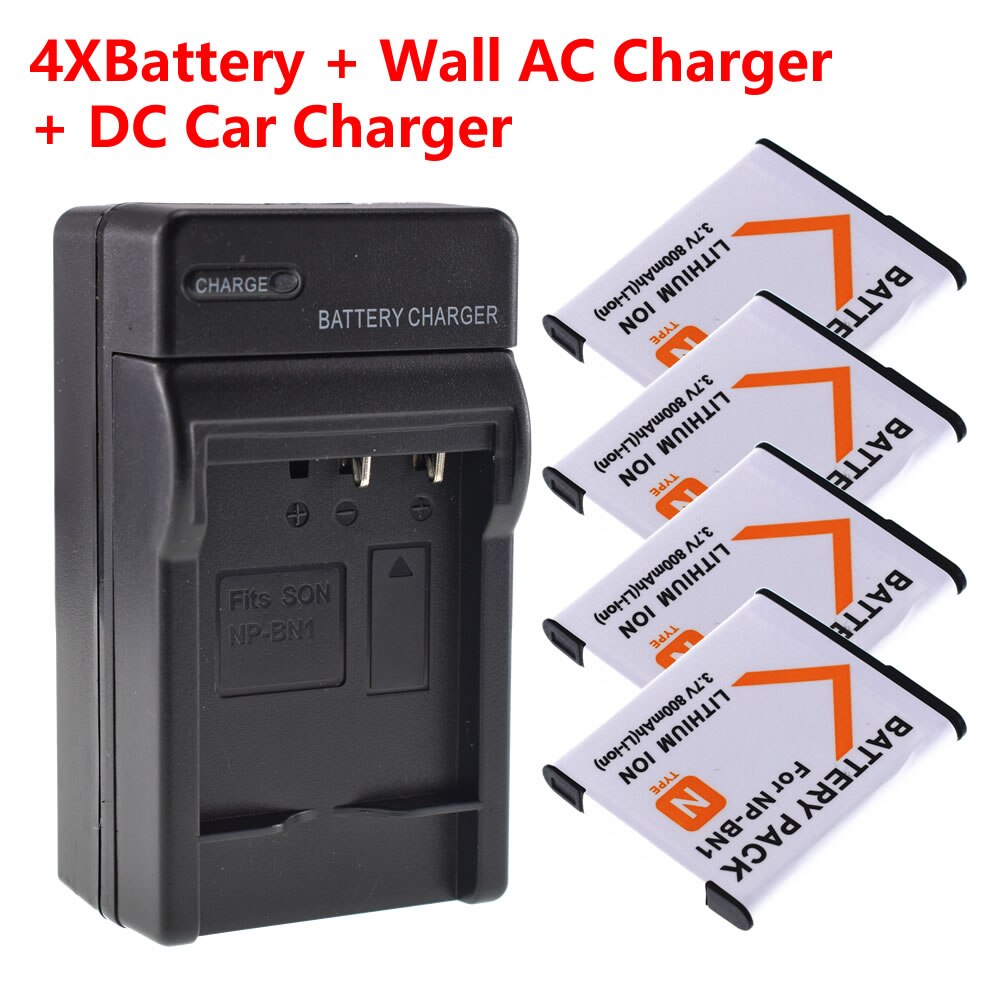 Camera Battery NP-BN1 - 800mAh Li-Ion - Rechargeable - for Sony Cyber-Shot QX WX T Series: 4 Battery Set