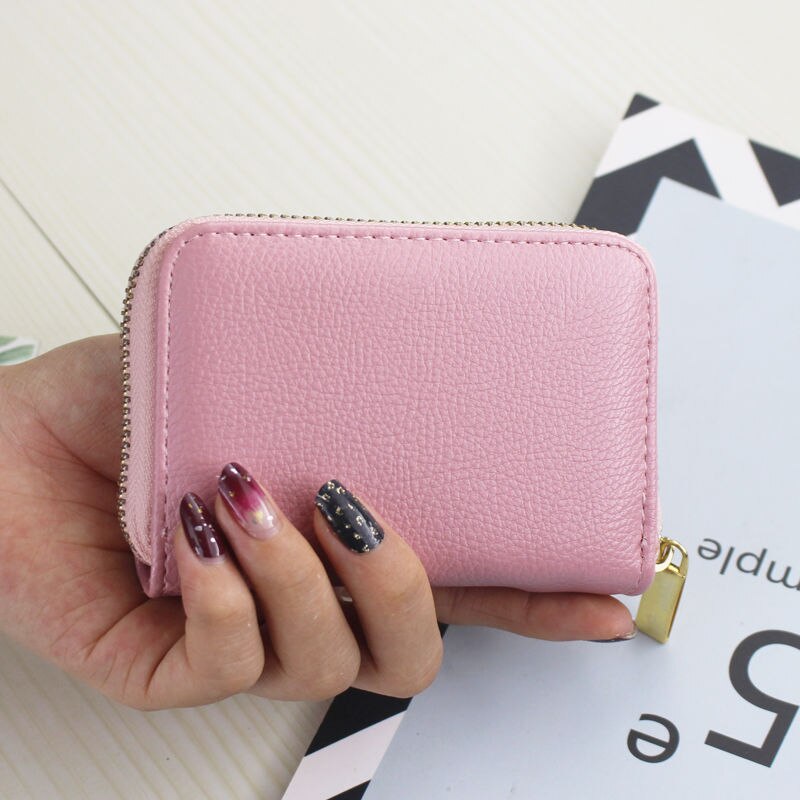 Men Business Card Holder PU Leather Credit Card Holder Women Zipper Pocket Unisex Card Case Zipper Coin Purse Mini Wallet: Light Pink
