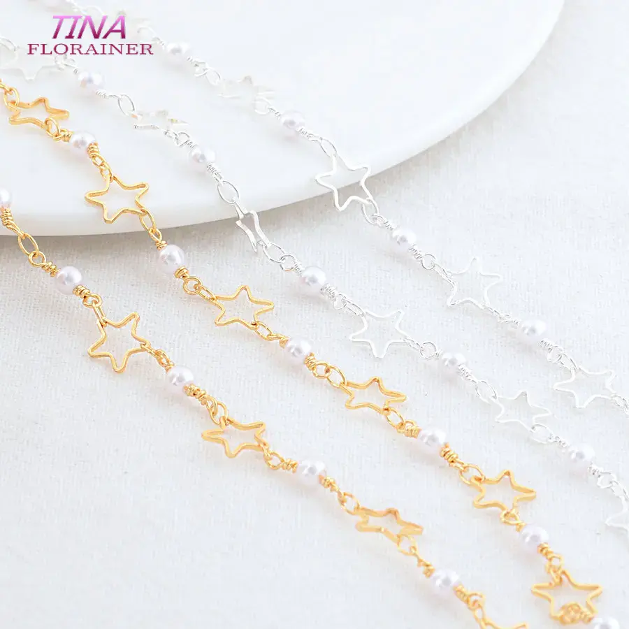 1 Meter 8*4Mm 14K Goudkleurig Geplateerd Messing Ster En Kunstmatige Parel Ketting Voor Sieraden Maken Diy Ketting Armbanden Ketting