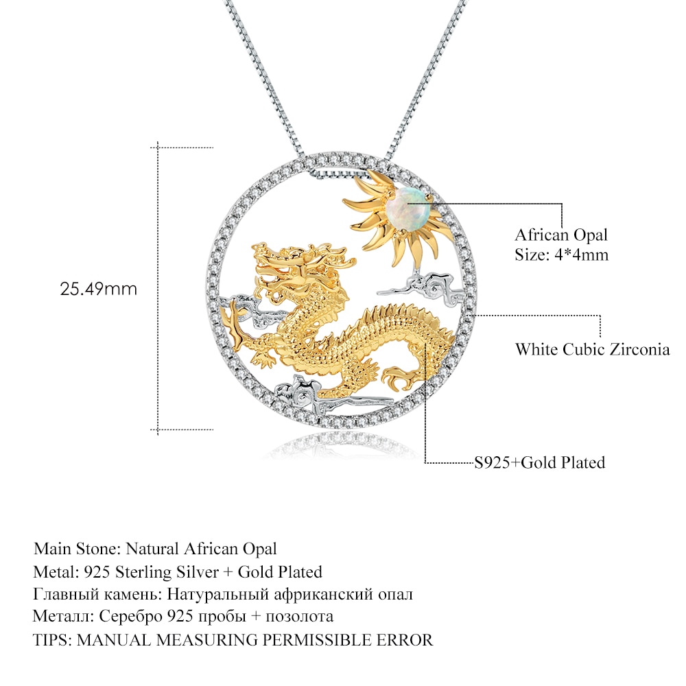 GEM'S BALLET Natural African Opal Gemstone Chinese Zodiac Jewelry 925 Sterling Silver Flying Dragon Pendant Necklace For Women