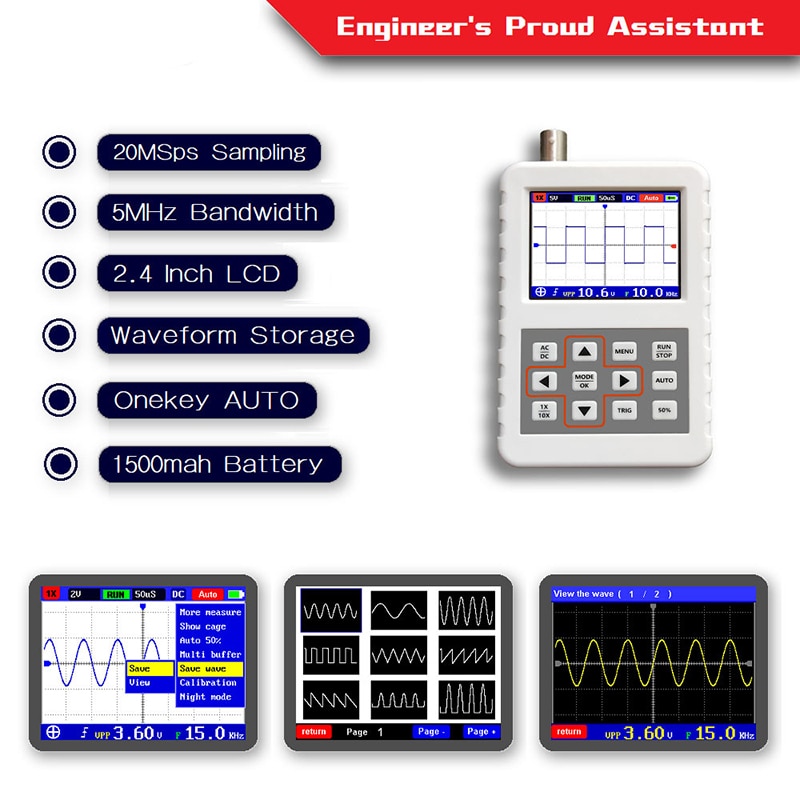 Handheld Digital Oscilloscope Mini Portable Digital Oscilloscope 5M Bandwidth 20MSps Sampling Rate Contains Lithium Battery