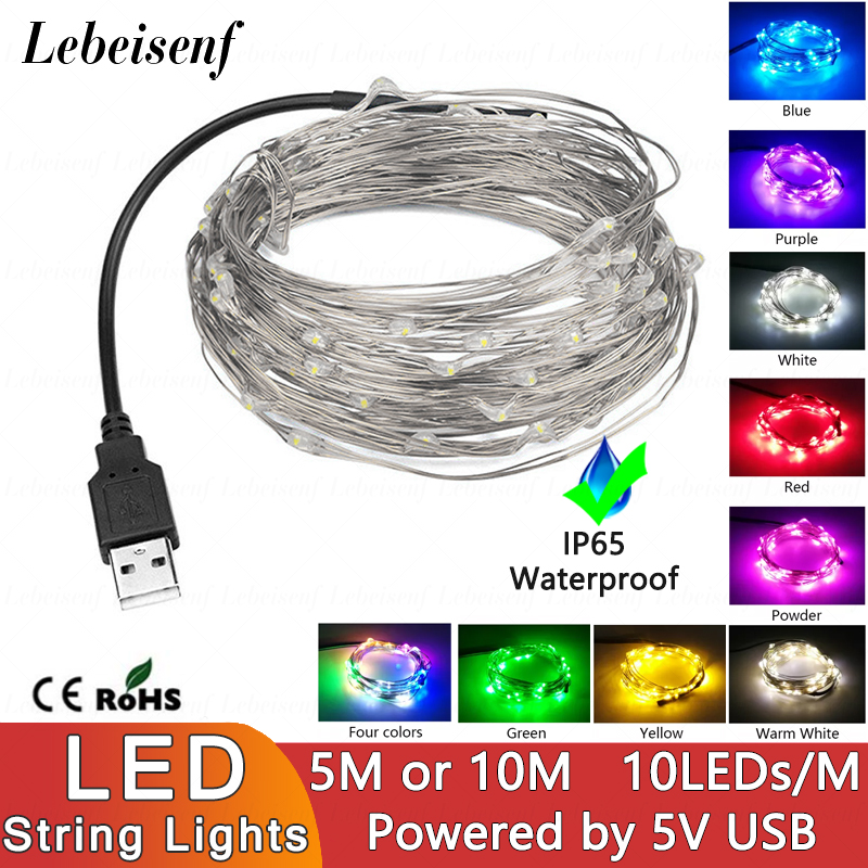 5Vusb Led Koperdraad Kerstverlichting String 10Leds/M 5/10M Enkele Kleur Of Kleurrijk Voor Kerst Feestelijke Verlichting Decoratie Diy