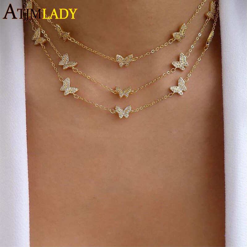 cz butterfly charm necklace for women cute beautiful animal minimal delicate white cz 35+10cm choker necklaces