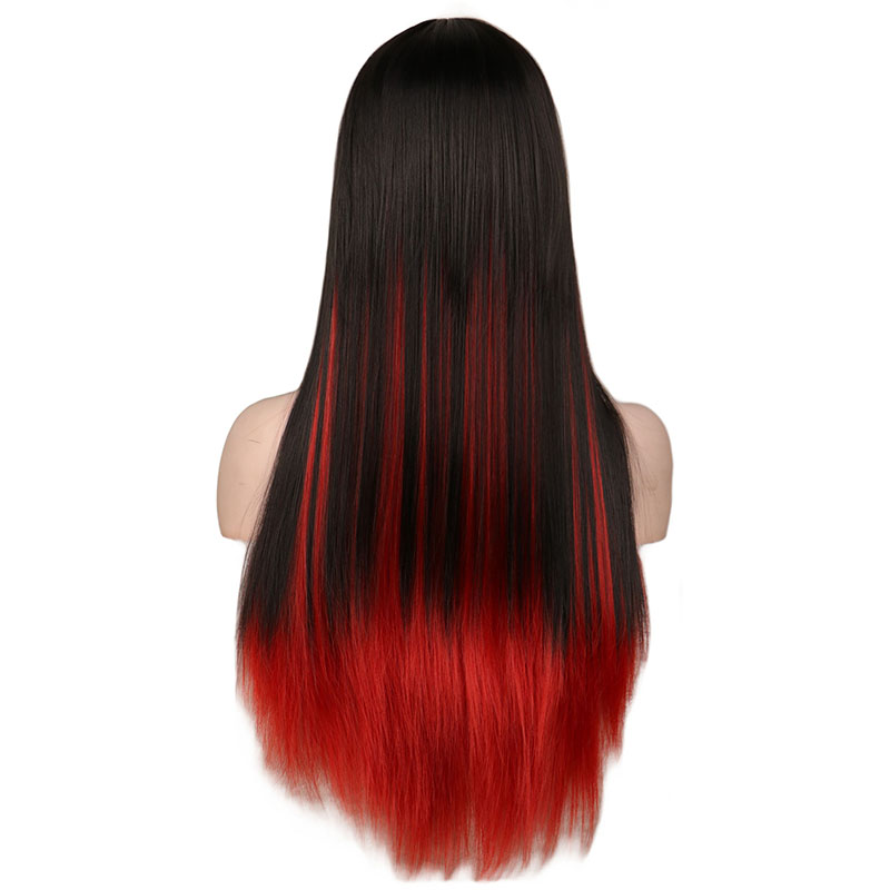 QQXCAIW Long Straight Cosplay Wig Women Costume Party Black Red Ombre Heat Resistant Synthetic Hair Wigs