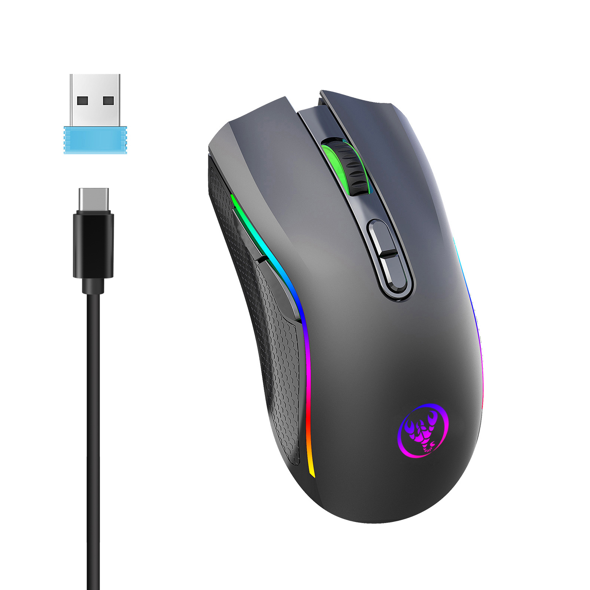 HXSJ T69 ergonomics Portable Cordless 2.4G Rgb Wireless gaming Mouse Laptop Computer Wireless Mouse for game pc: black