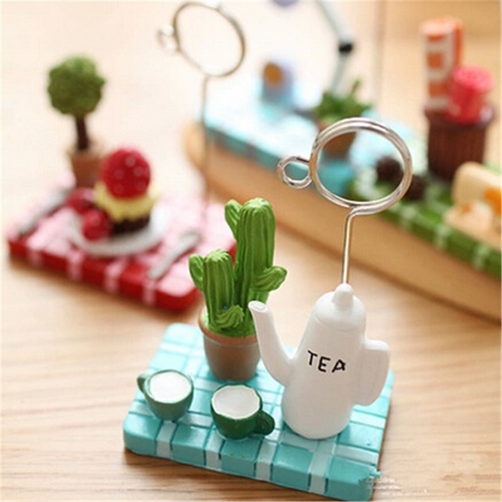 1pc Micro Landscape Card Holder Teapot Strawberry Tree Desktop Photo Memo Note Clip Kawaii Stationery Tickets Letter Holders