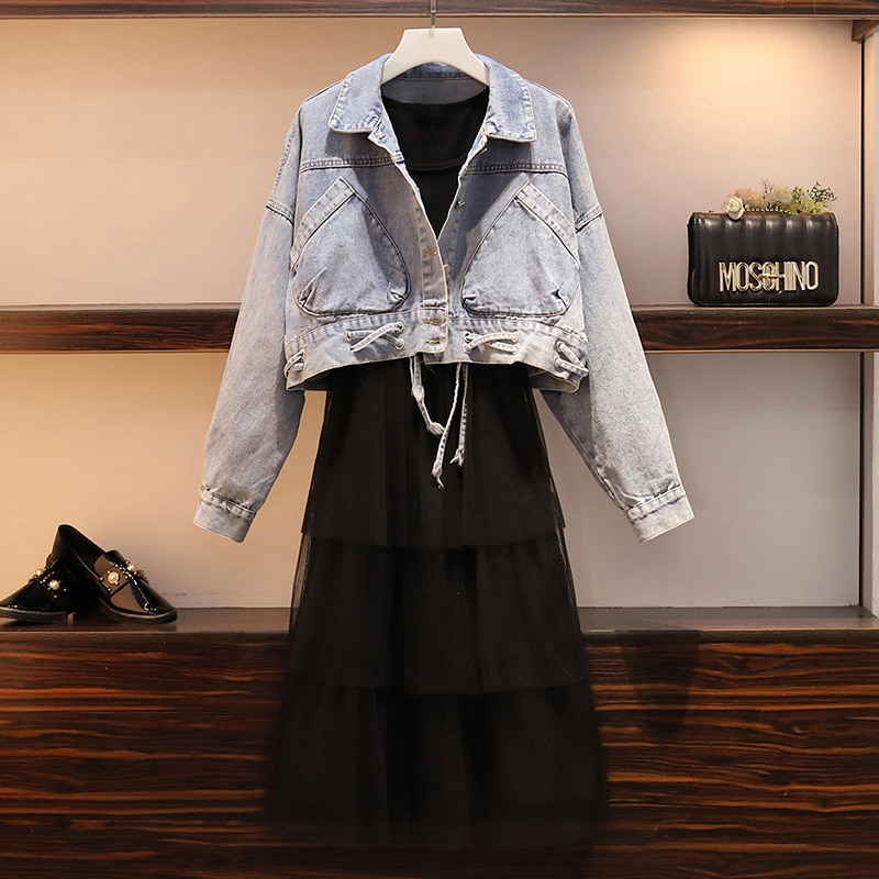 Large size S-5XL spring fat mm large pocket short section was thin denim jacket and coat dress two-piece