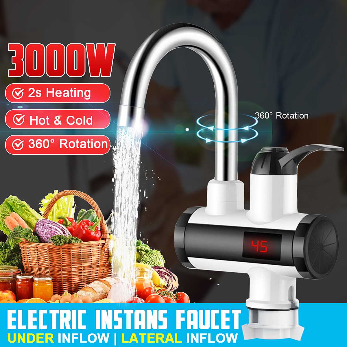 220V 3000W Electric Kitchen Water Heater Tap Instant Cold Heating Faucet Tankless Instantaneous Water Heater