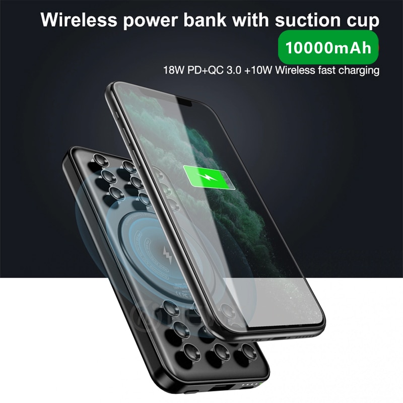Draadloze snelladende powerbank 10000 voor iphone 11, draagbare zuignappen, draadloze draagbare oplader voor iphone 11 pro, zwart