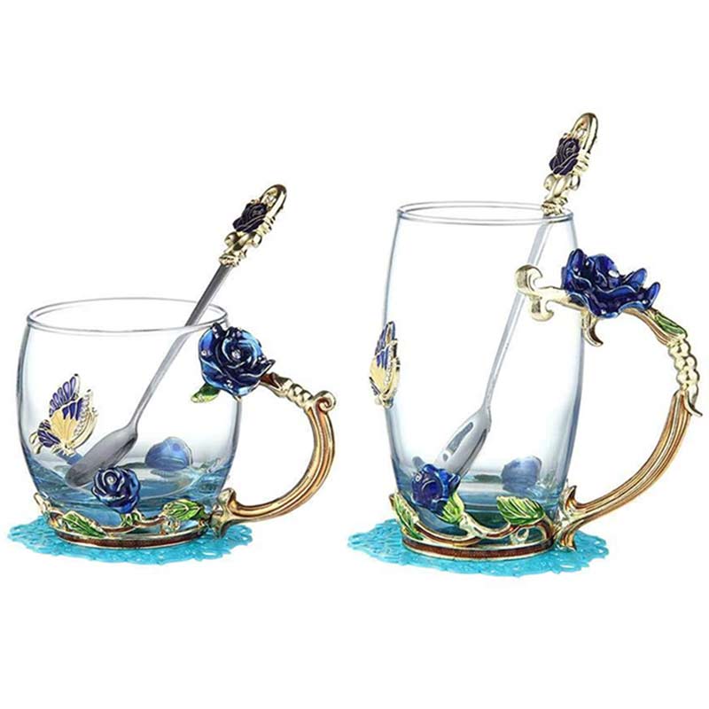 350ml emalj 3d fjärilsros kaffekopp värmebeständig blomma te glas kopp sked set dricksglas bröllop