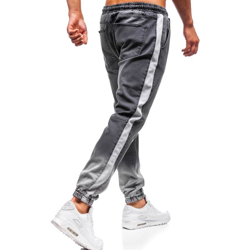 Män jeans trendiga män skinny jeans biker förstörd sliten passform jeans ripped jeans byxor sidan rand penna byxor casual jeans: Grå / Xxl