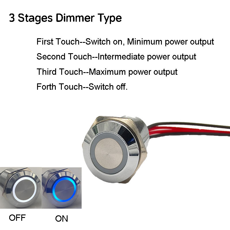 16mm 19mm Long Dimmer Switch IP65 Stepless Metal Touch Sensor Switch 1NO With 12V 24V WHITE BLUE LED Light With Cable Wire: 4XL / Blue