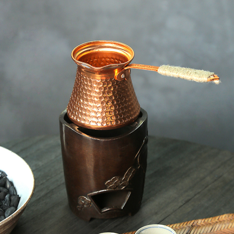 Service à thé turc à Long manche de 200ml, théière chauffante à flamme nue, théière à charbon de bois rôti, théière manuelle en cuivre, 1 pièce