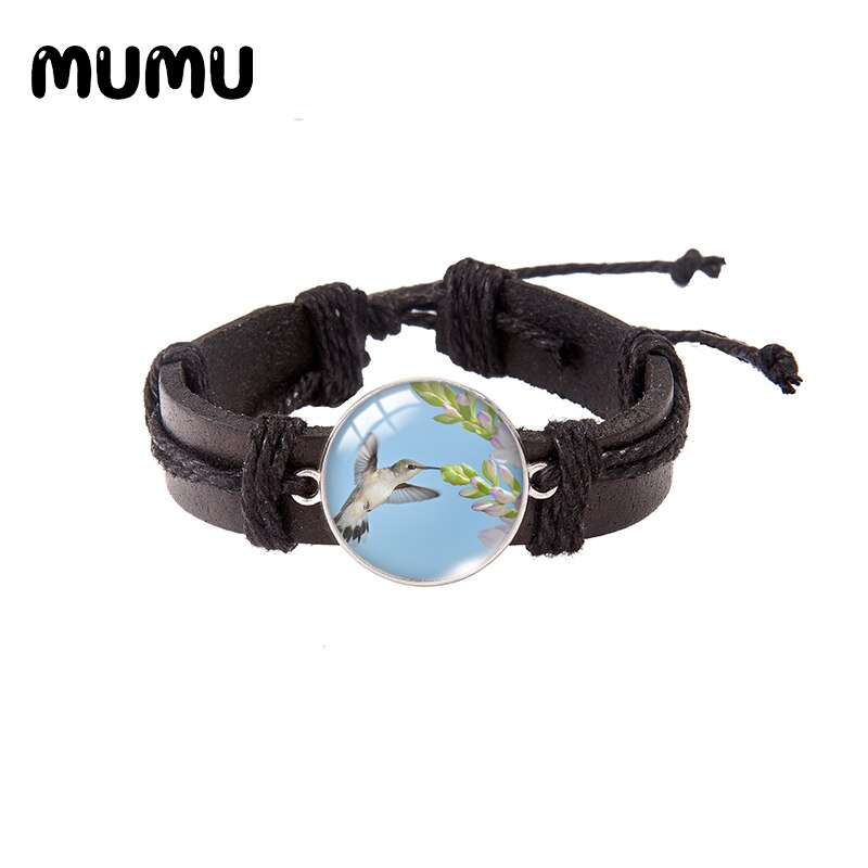 Hummingbird Flower Leather Bracelet Round Glass Dome Bracelets Handmade Jewelry Men Women: 10