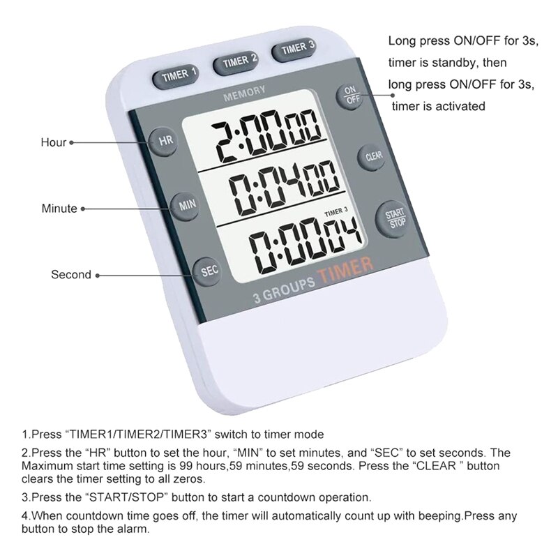 Ledd digital kök timer väckarklocka 100 timmars trippel nedräkning / upp timer för matlagning dusch läxa träning gym träning
