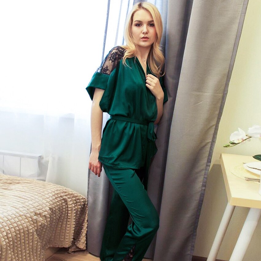 HiLoc Sleeves Nightgowns See Through Lace Patchwork Sleepwear Women Pajama Sets Lace-Up Home Suit Spring Satin Nightie