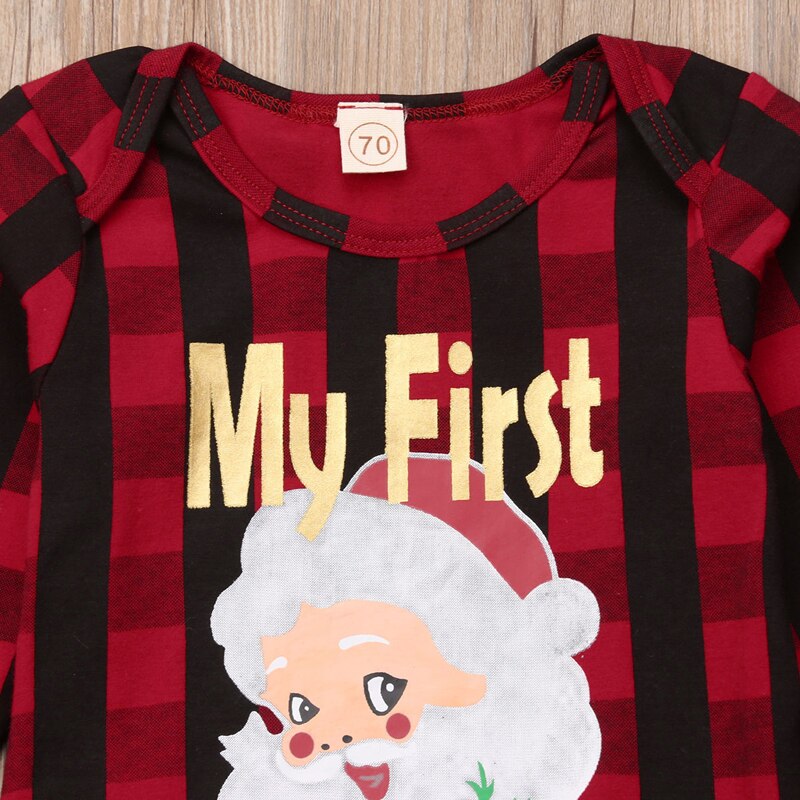 FOCUSNORM Print MY First Christmas Baby Boy Girl Unisex Romper Long Sleeve Plaid Jumpsuit Clothes Outfits