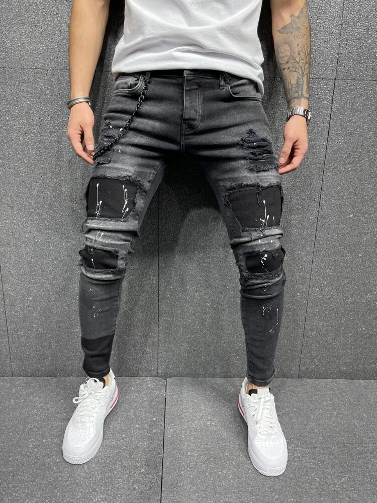 Men Ripped Skinny Jeans Male Hole Denim Pants Four Seasons Streetwear Cowboy Trousers Black Dating Hip-Hop Pants