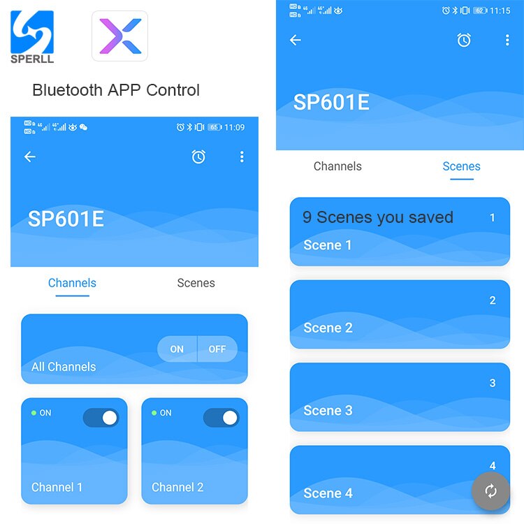 SP601E;led bluetooth pixel controller;dual output;supports both smart phone APP and RF remote;DC5-24V input