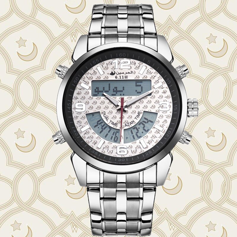 6,11 Herren Neue Hochwertige Edelstahl Zurück Licht LED Digital Uhr Dual Zeit Azan Uhr Männer 3 Farben Freies: Silber