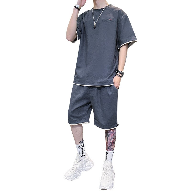 Men's Summer Short-sleeved Sport Suit Sport Running Two-piece Suit Loose Casual Solid Fitness Suit