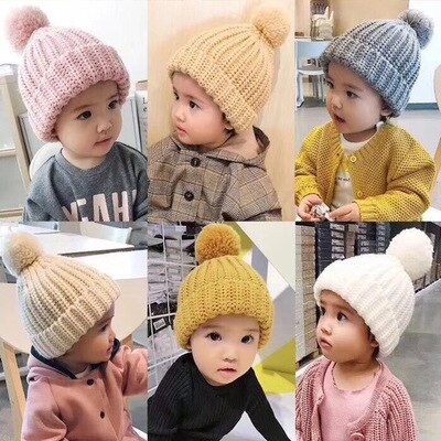 Kinderen meisjes baby muts gebreide wollen tijk muts met omslag herfst en winter warme muts twee ballen