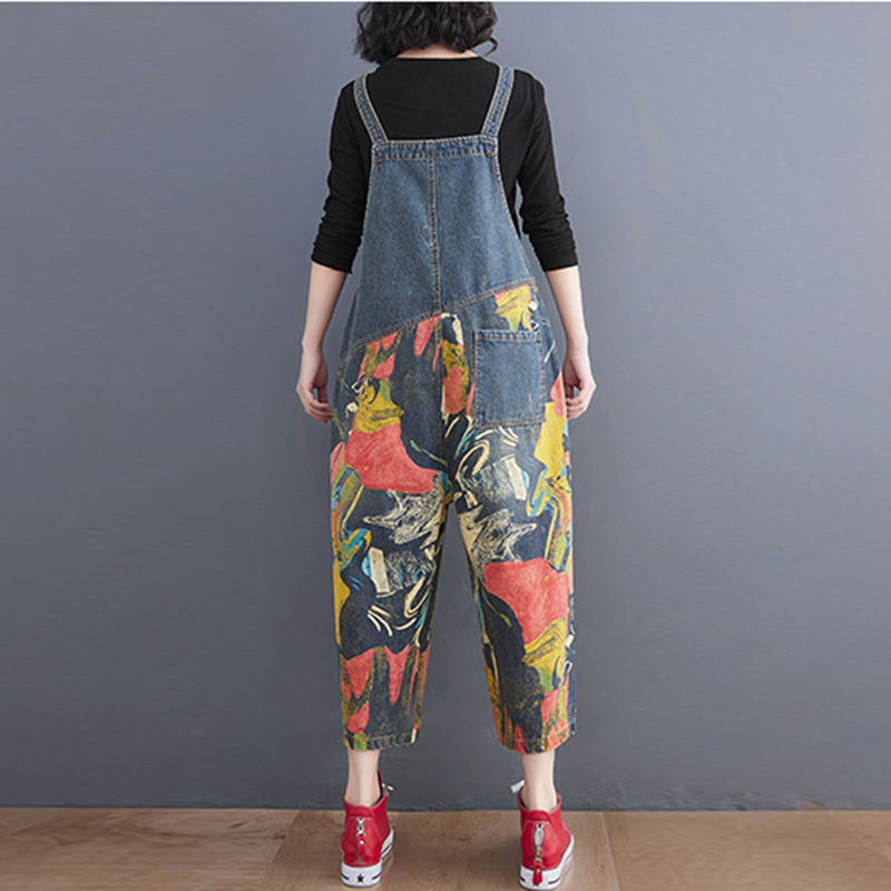 Streetwear patchwork print denim jumpsuits kvinder løse vide ben dungarees baggy bukser sparkedragter forår sommer jeans overalls