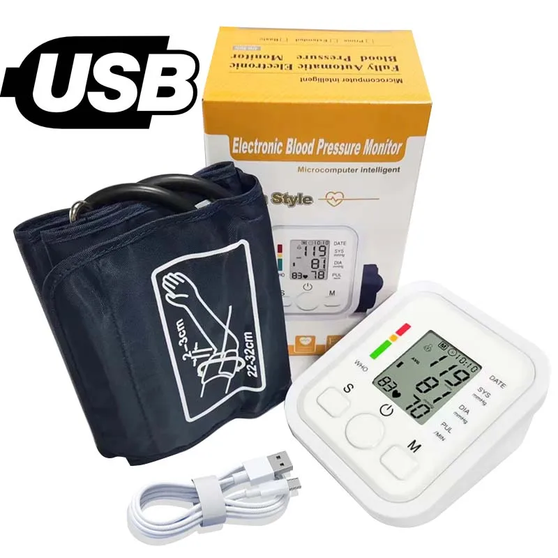 Tonómetro portátil digital lcd braço tensiímetros monitor de pressão arterial medidor de freqüência cardíaca grande manguito esfigmomanômetro cuidados de saúde: Branco