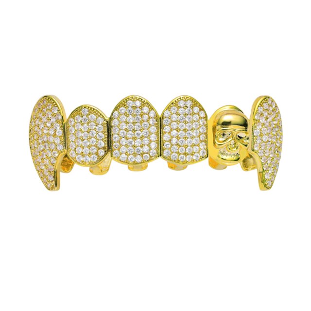 Goud Zilver Kleur Hip Hop Fang Tanden Caps Zirconia Top & Bottom Clown Schedel Grills Set: gold top