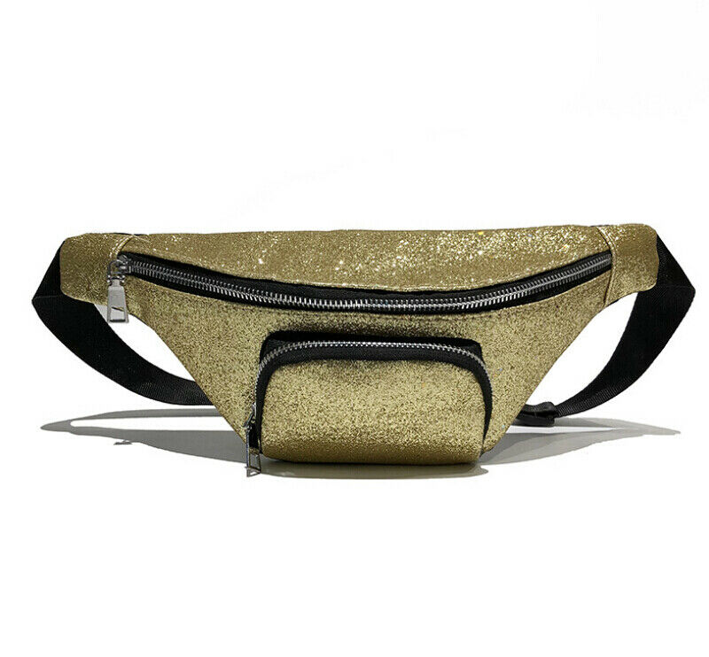 Newest Women Glitter Sequins Waist Fanny Pack Belt Bag Pouch Travel Hip Bum Bag Women Small Leather Purse Chest Bag: Gold