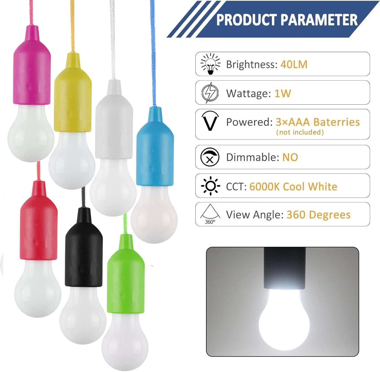 Ampoule LED à cordon de traction, à piles, Portable, suspendue, lanterne pour Camping, jardin, fête, urgence, maison