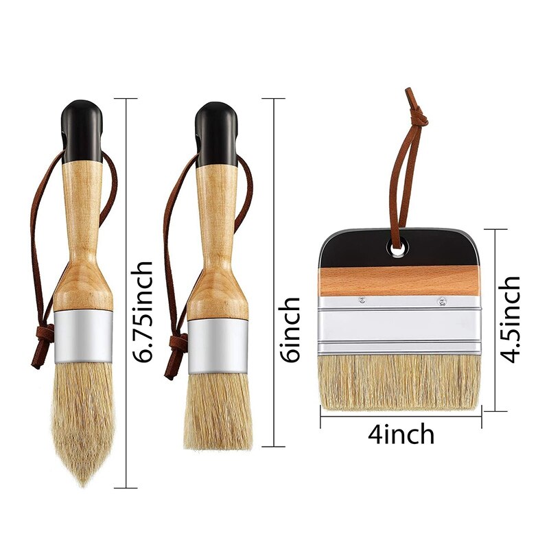 3Pack Chalk and Wax Paint Brushes Bristle Stencil Brushes for Wood Furniture Home Wall Decor