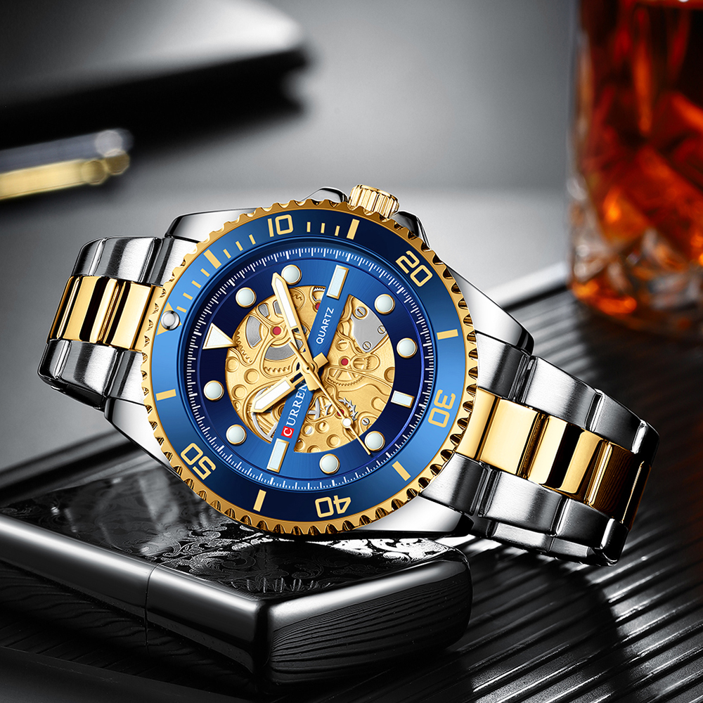 CURREN Horloges Geïmiteerd Mechanisch Quartz Klok Heren Roestvrij Stalen Band Lichtgevende Horloges voor Mannen