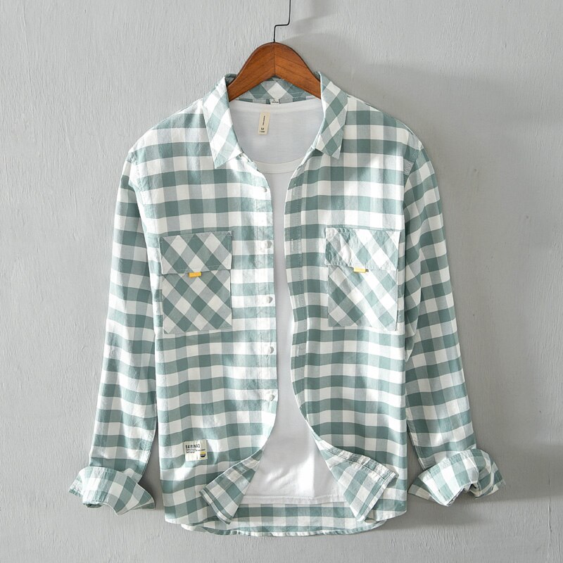 Rosa Kariertes Hemd Männer drehen-unten Kragen 100% Baumwolle Jahrgang Langarm lässig Hemden Herbst Neue Mann Kleidung Y3138: Grün / XXXL