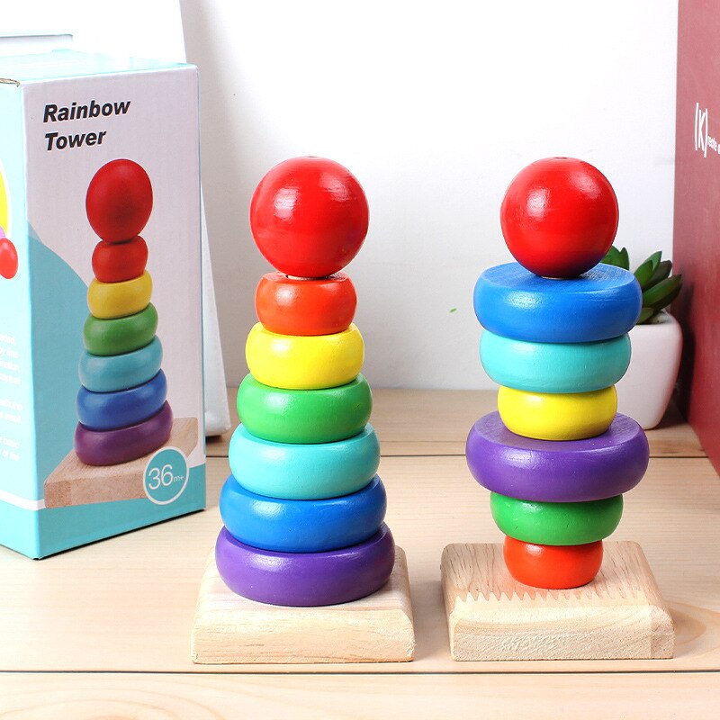 Torre del arco iris caja colorida Jenga círculo Torre Jenga ladrillos Pro caso columna niños juguete de madera mezclado