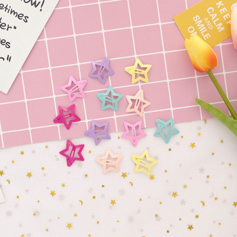 32mm Star Shape Metal Children Snap Hair Clips Barrettes Girls Cute Hair Bobby Pins Hair Accessories Kids Candy Color Hairpins