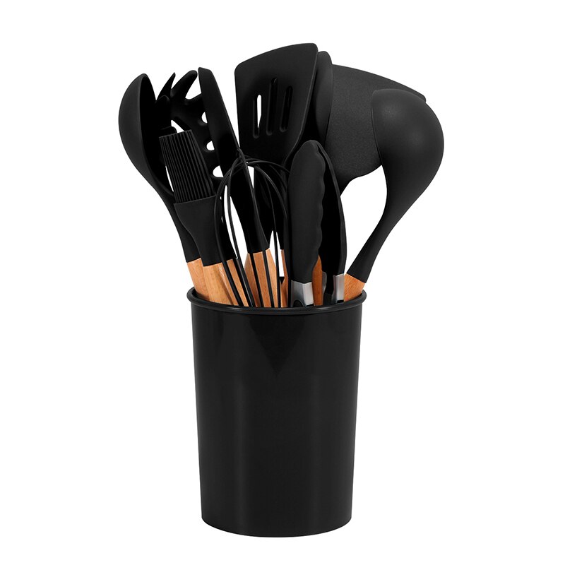 Kitchen Heat Resistant Cookware Silicone Non-stick Kitchenware Egg Beater BBQ Brush Food Tongs Soup Spoon Kitchen Utensils Set: 12PCS Black