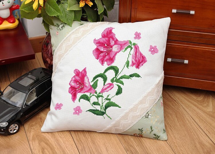 Kit de bordado artesanal de flores rosas, funda de almohada de hilo acrílico, tapiz de lona, Fundas de cojín de costura,: lily