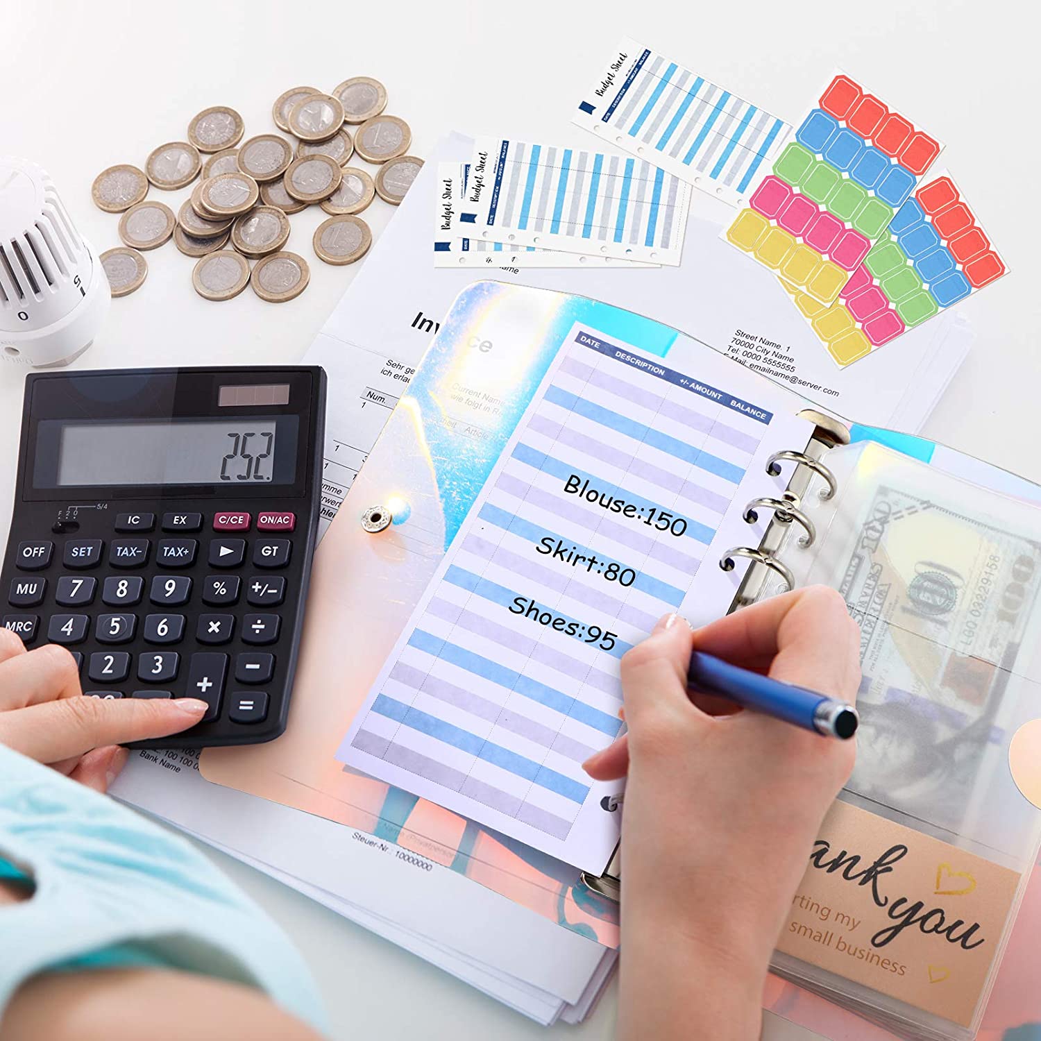 28 Pieces A6 Binder PVC Notebook Waterproof 6-Ring Binder Cover with Pockets Budget Sheets Card Bag and Labels