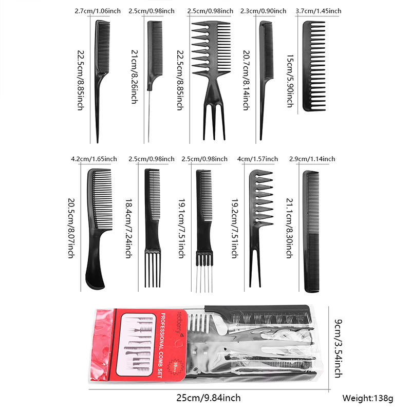 10-delige haarstyling kamset zwarte kappersborstel kappers antistatische kappersbenodigdheden
