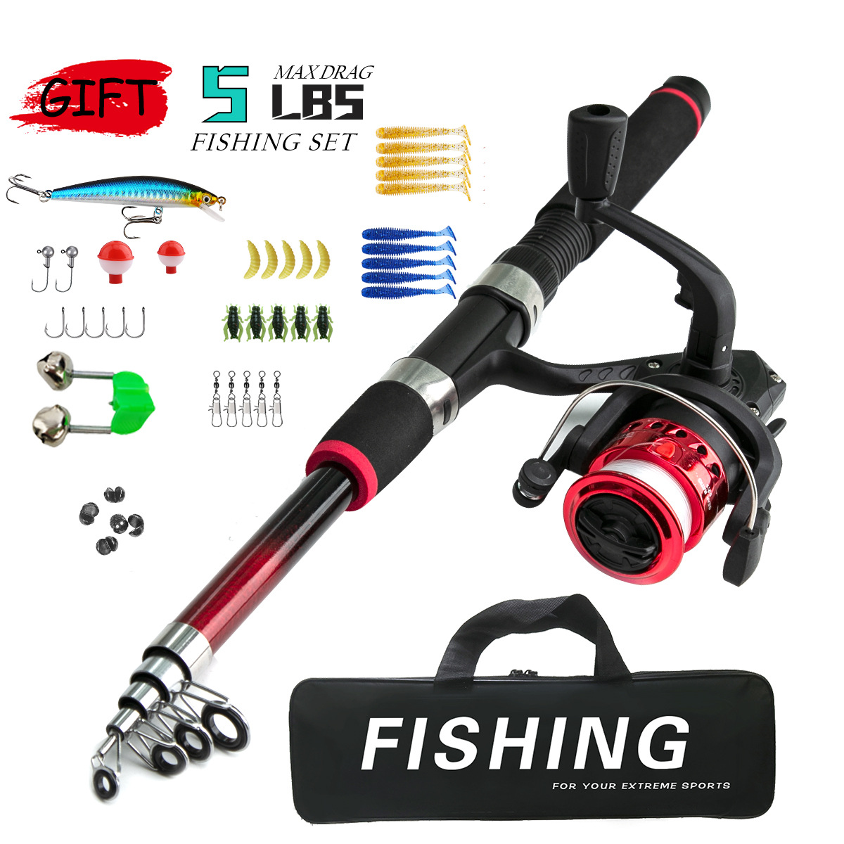 Hengelmolen voor kinderen Combo 1 8 m met zacht aas Schepnet Compleet vistuig: Rood