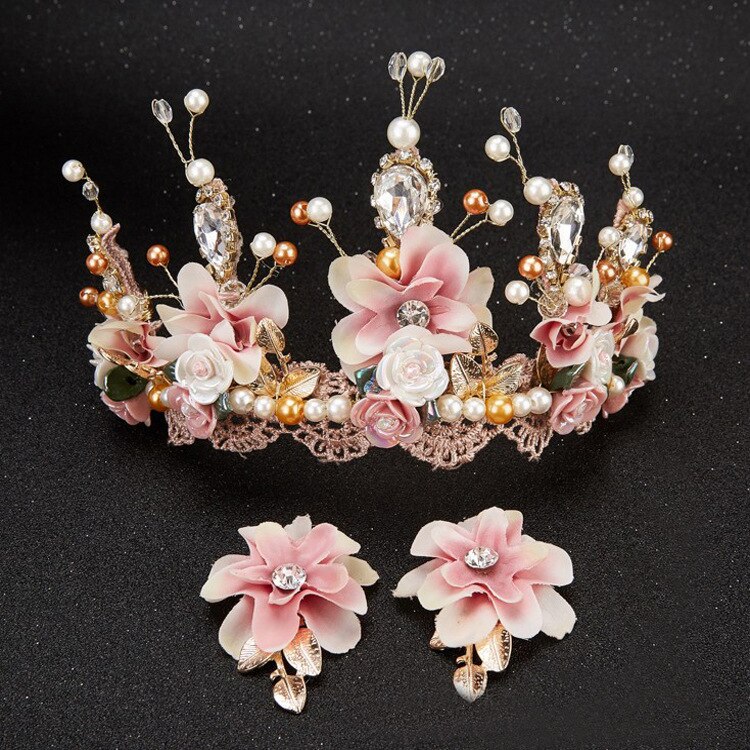 Dolce rosa della sposa fatto a mano in rilievo del merletto tiara corone corona tocados para novias di ceramica dei capelli del fiore del copricapo