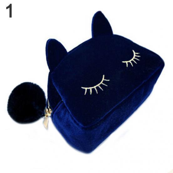 Cosmetic bag portable cartoon cat coin storage case travel makeup pouch soft