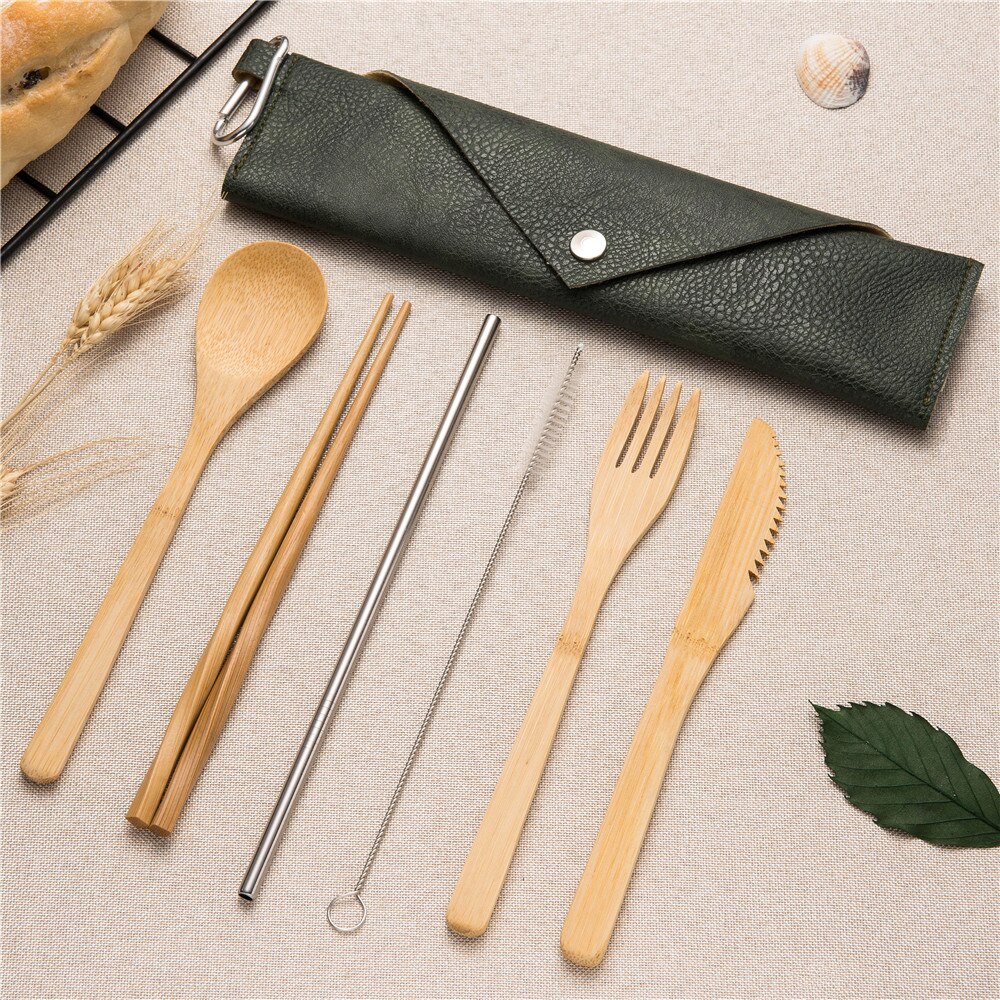 7pcs Reizen Bestek Hout Draagbare Servies Set Houten Bestek Sets Reizen Serviesje Pak Milieu met Doek Bag: 7pcs set0014