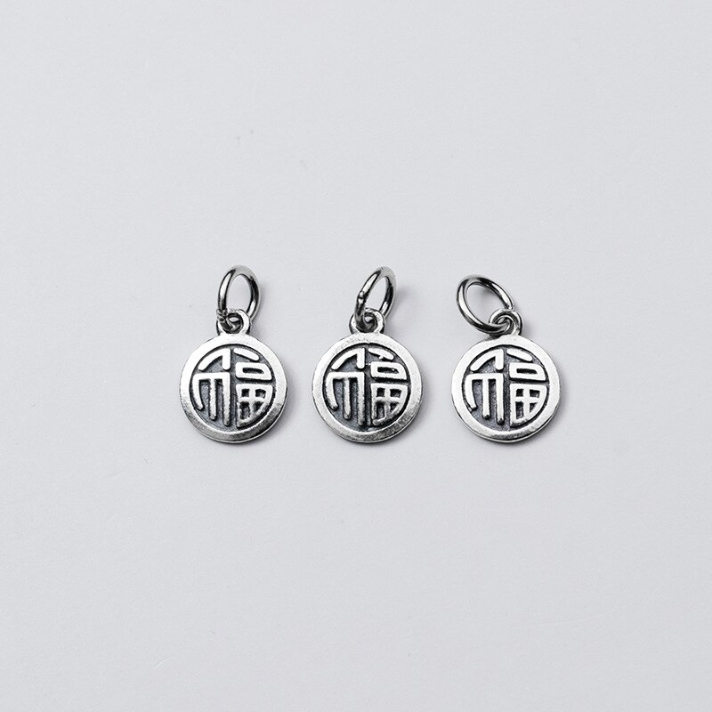 925 Sterling Silver Classic Double Sides Chinese Good Luck Round Charms Retro Jewelry Silver Pendant DIY Necklace Bracelets: black color 1pcs