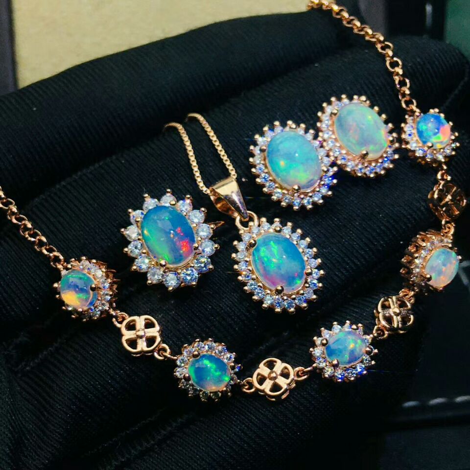 MeiBaPJ Opale Naturale Anello di Girasole Orecchini Della Collana Del Braccialetto 4-pezzi Vestito per le Donne Reale dell'argento Sterlina 925 Gioielleria Raffinata impostato