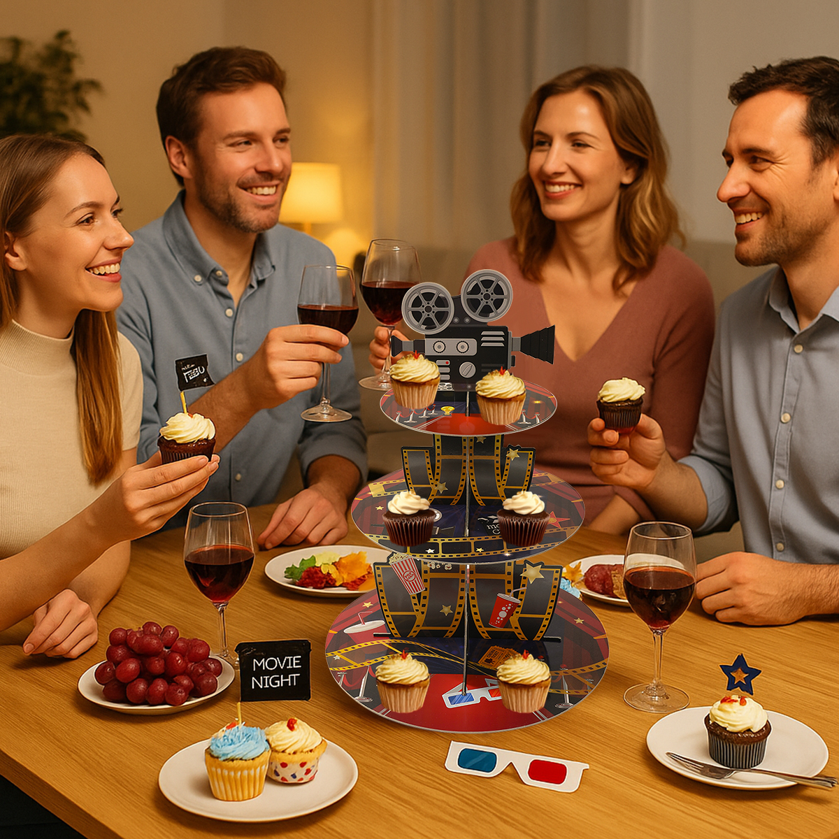 3-stufiger Film-Nacht-Kino-Party-Kuchenständer, Display, Snack-Ständer, Film zeigt Zeit, Rack-Halter, Geburtstagsfeier, Kuchen-Tablett, Dekor